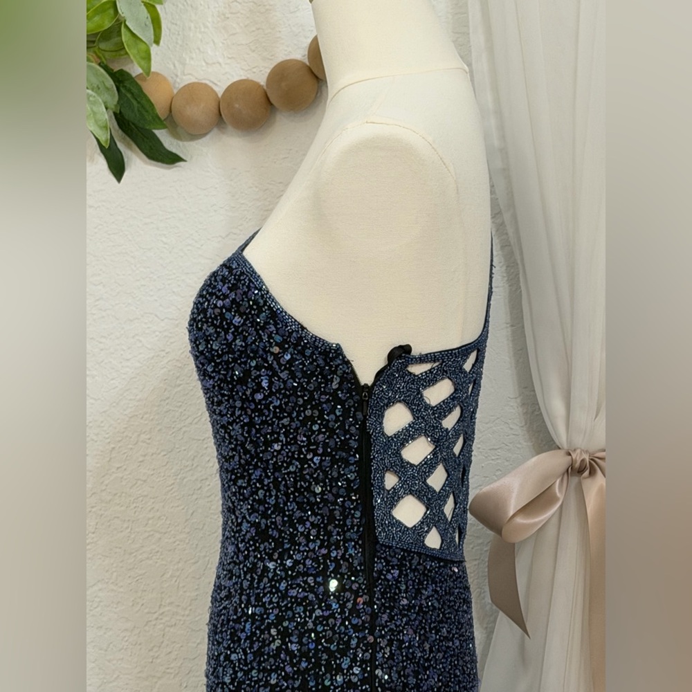 SCALA Fully Beaded Navy Blue Silk Formal Evening Prom Dress Gown Sz M - $1398 - Picture 14 of 16